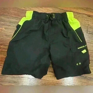 Mens Speedo Size Small Swim Trunks Black And Neon Yellow W/ Drawstring &pocket